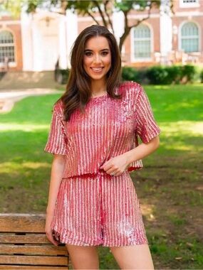 NWT BUDDY LOVE Laura Set Sequined Crop Top & Shorts Silver\Watermelon Pink S